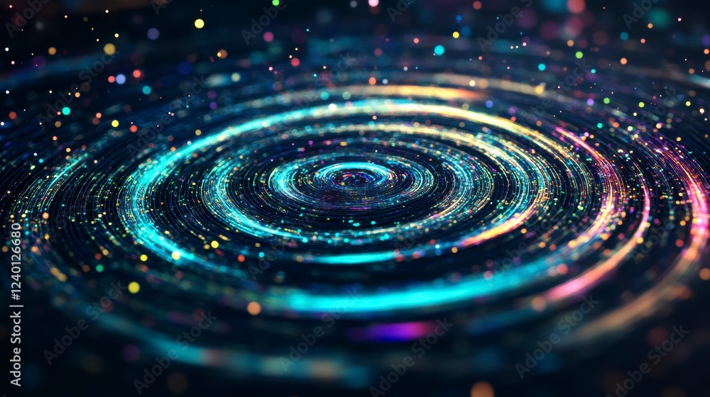 Poster vibrant cosmic spiral with glowing particles creating a mesmerizing visual effect in a dark universe