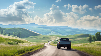 Naklejka premium a modern truck car driving through a scenic countryside road with blue sky background