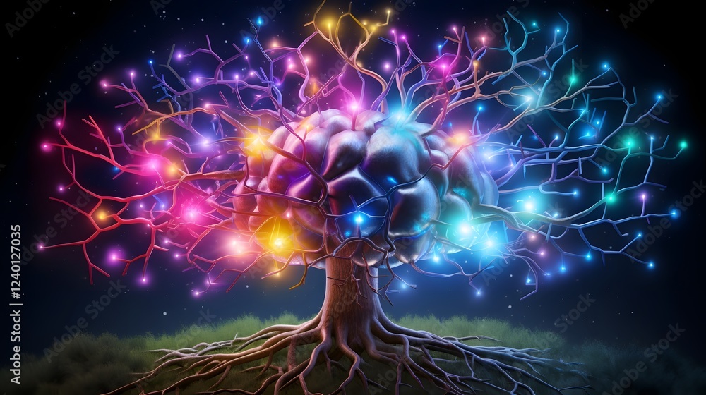 Poster a visually captivating image depicting a floating glowing brain surrounded by electric arcs and vibr