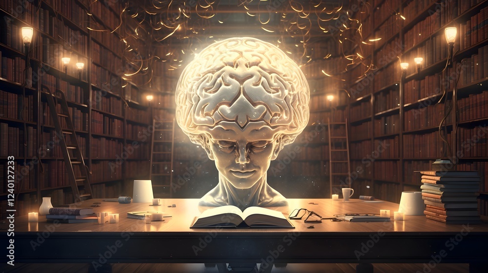 Poster glowing brain surrounded by books and symbols of knowledge representing the illumination of wisdom a