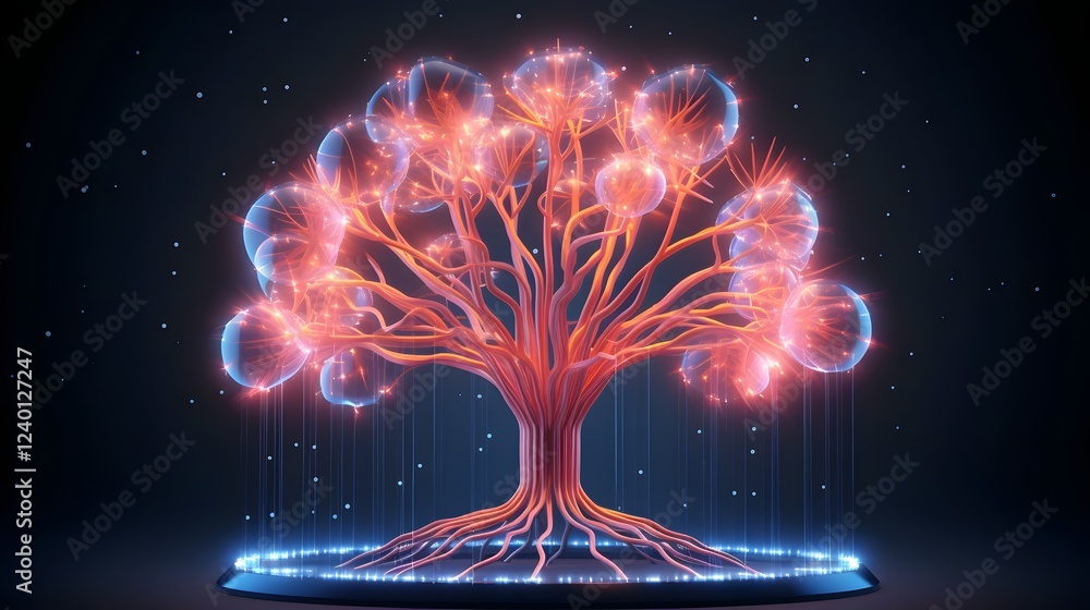 Poster glowing wireframe brain with intricate geometric patterns and blue edges symbolizing the power of di