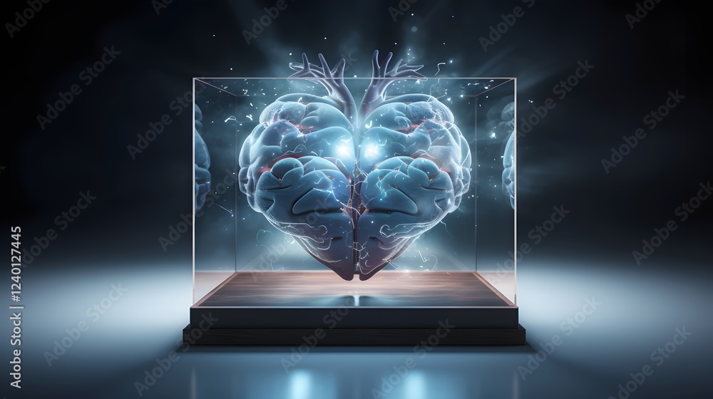 Poster transparent brain with a pulsating heartbeat effect symbolizing the connection between the mind hear