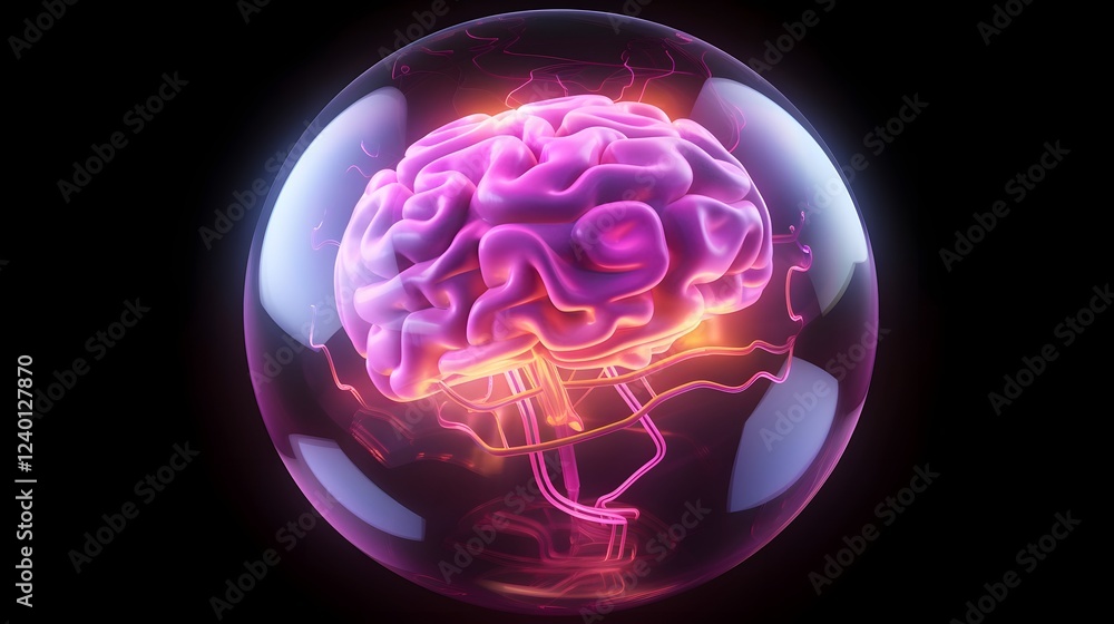 Poster a transparent sphere encasing a floating brain emitting glowing energy waves representing the power 