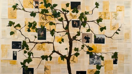An artistic representation of a tree intertwining with photographs and text pages to evoke themes of memory and connection.