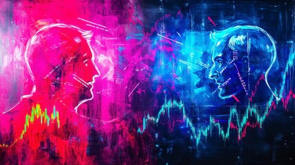 Obraz premium Futuristic financial traders engaged in a dynamic market analysis visual, showcasing contrasting emotions with vibrant colors and data overlays