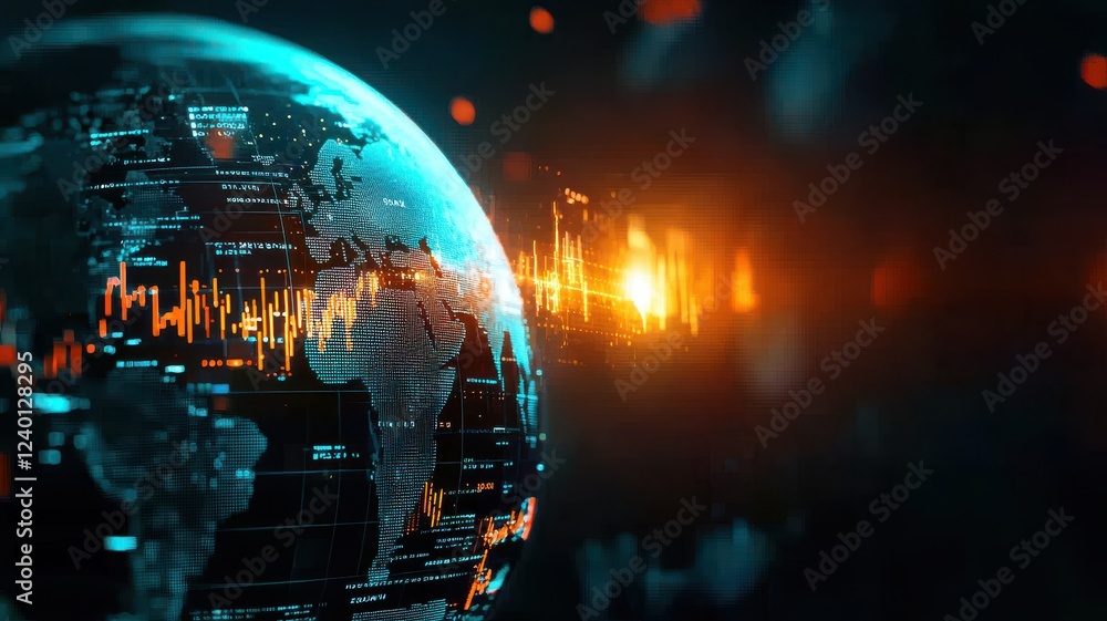 Poster strategic global market expansion concept. digital globe with vibrant data visualization and glowing