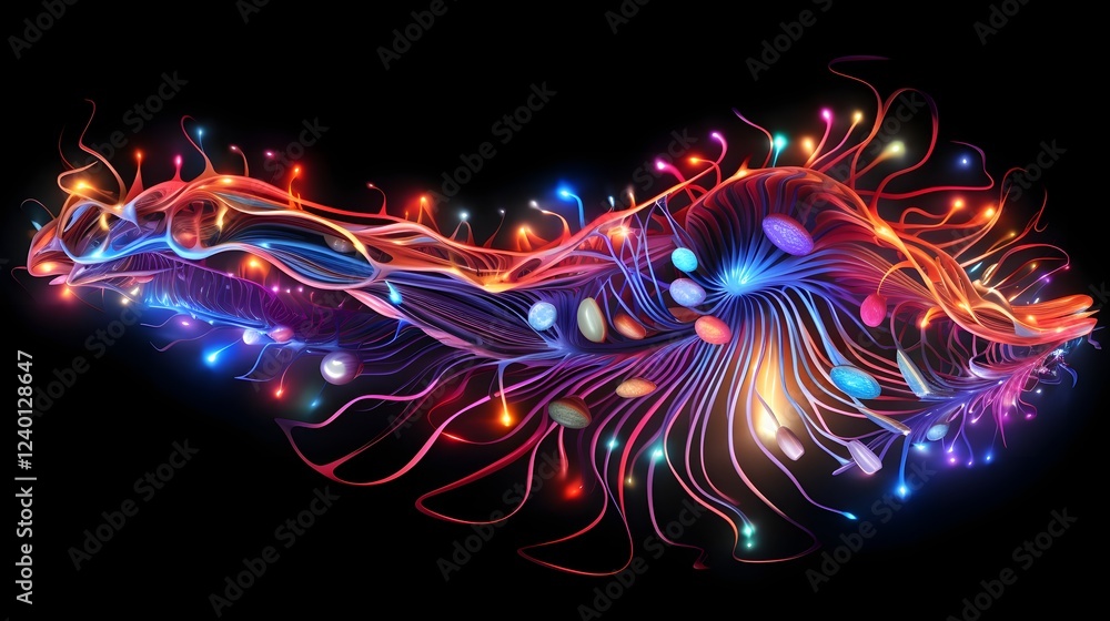 Poster surreal and visually striking digital artwork depicting a brain like form with streams of vibrant gl