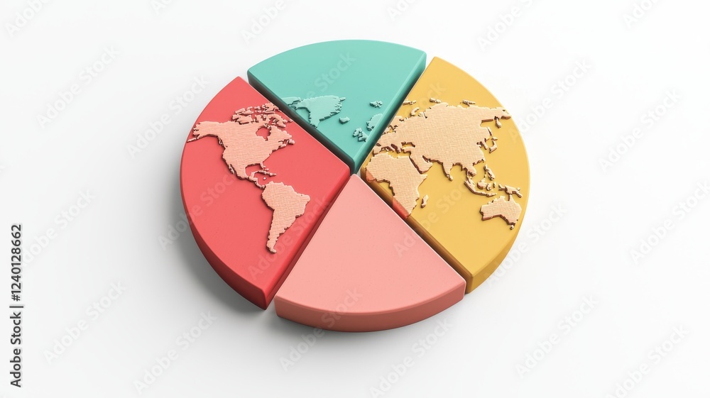 Poster strategic global market expansion concept. colorful pie chart with world map segments illustrating d