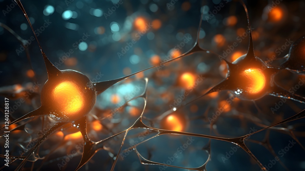 Poster glowing brain neuron network illuminating bioelectric energy and neural connections in a futuristic 