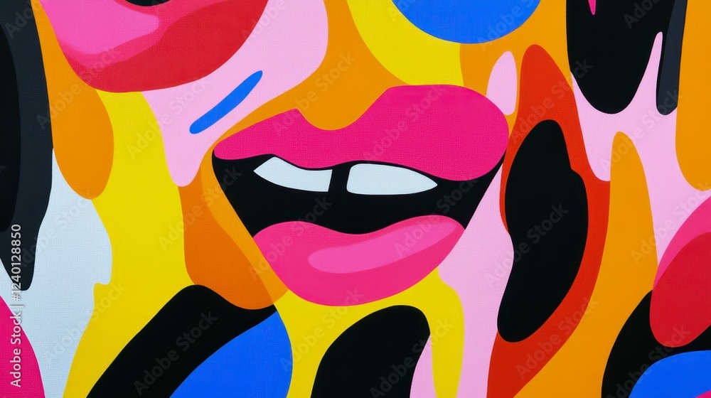 Poster vibrant abstract expression featuring colorful lips and face elements in bold hues capturing modern 