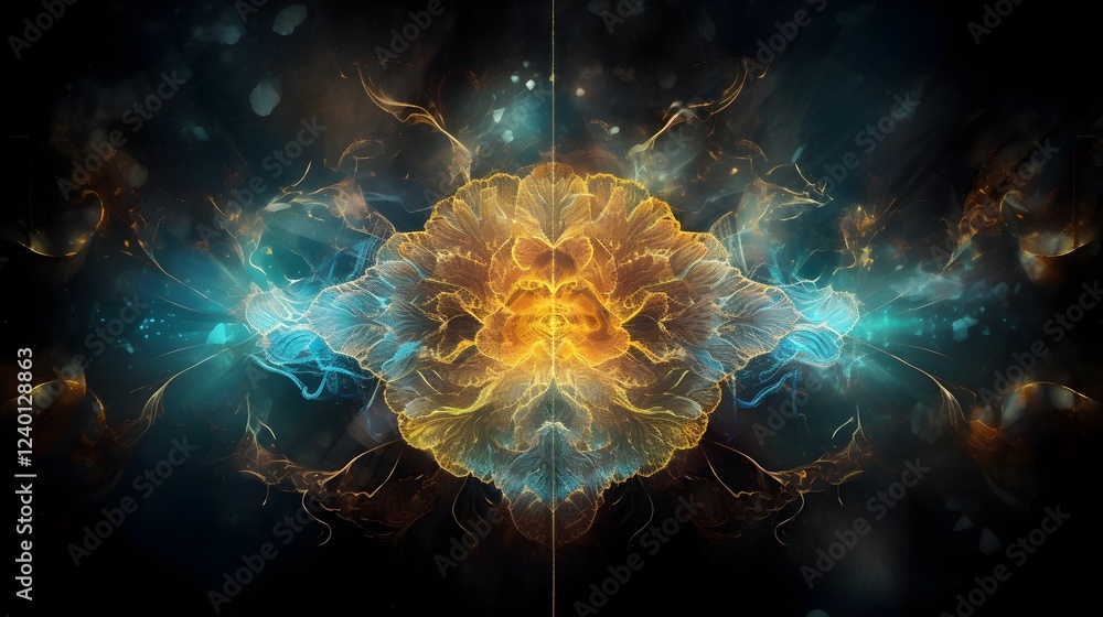 Poster fractal cerebral pathways glowing abstract digital art depicting a brain with intricate fractal desi