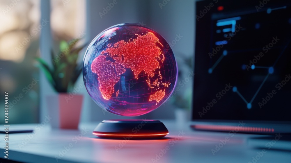 Aufkleber strategic global market expansion concept. illuminated globe on a desk with data visualization on a 