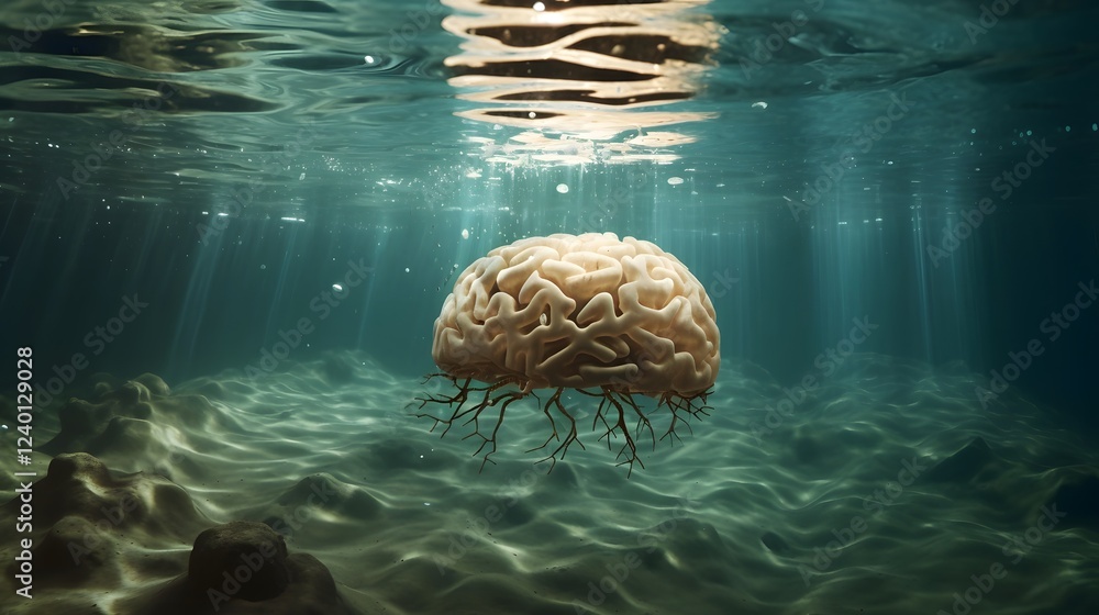Poster brain partially submerged in water symbolizing the subconscious and deep thought processes this conc