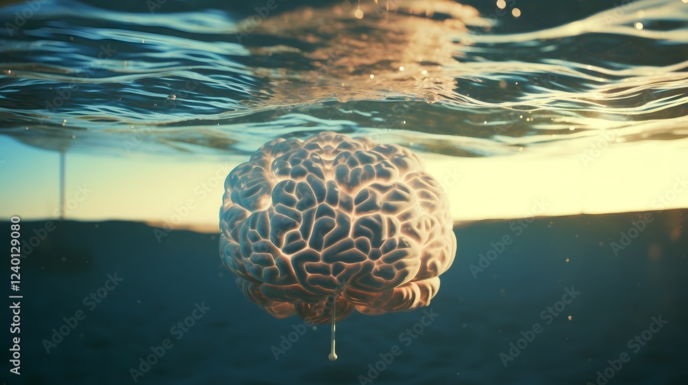 Poster brain half submerged in water symbolizing the subconscious and deep introspection of the human mind 
