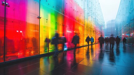 Obraz premium vibrant urban scene with commuters walking briskly, dynamic abstract colors in the background, blurred motion effects, and modern architecture, captured from a street-level angle immersive experience.