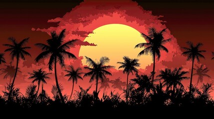 Fototapeta premium Fiery Tropical Sunset: Palm Trees Silhouette at Dusk. An evocative landscape painting of a vibrant sunset over a tropical island, featuring silhouetted palm trees against a fiery sky.