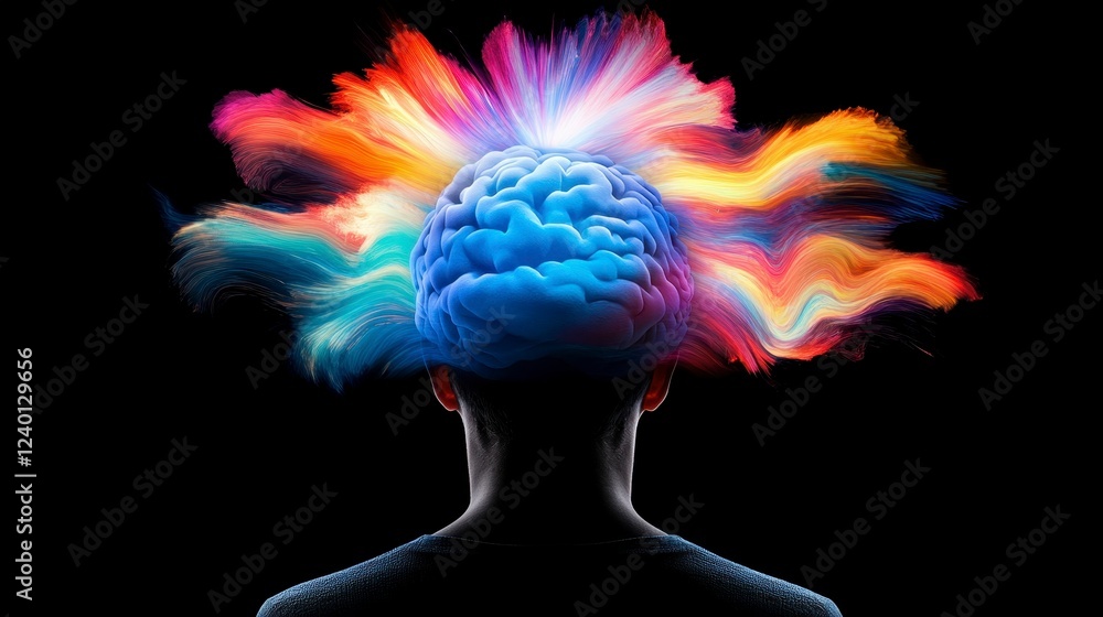 Poster a vibrant visualization of creativity and imagination emerging from a human brain surrounded by colo