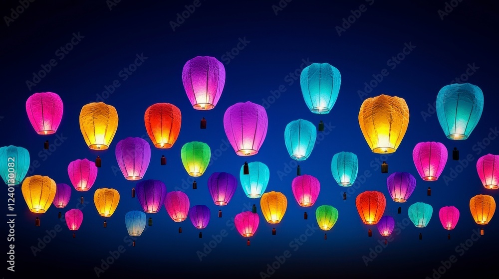 Poster a mesmerizing display of colorful floating lanterns illuminating the night sky with a vibrant gradie