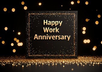 A festive image celebrating a work anniversary with a golden background and sparkling lights, featuring the text "Happy Work Anniversary"