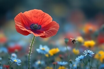 Obraz premium A lone poppy in a vibrant meadow, a bee in flight. Nature's beauty in vivid colors, a serene moment.