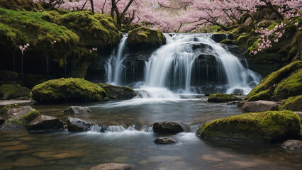Obraz premium waterfall in the forest with cherry blossom trees