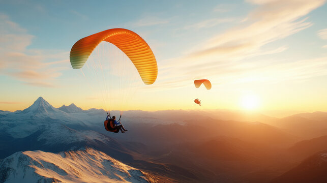 two para-gliders soaring above the Matterhorn, glowing neon green and orange trails behind them - Powered by Adobe