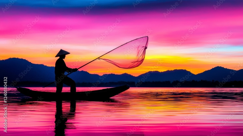 Poster serene silhouette of a fisherman casting a net at dawn with a vibrant sky reflecting on tranquil wat