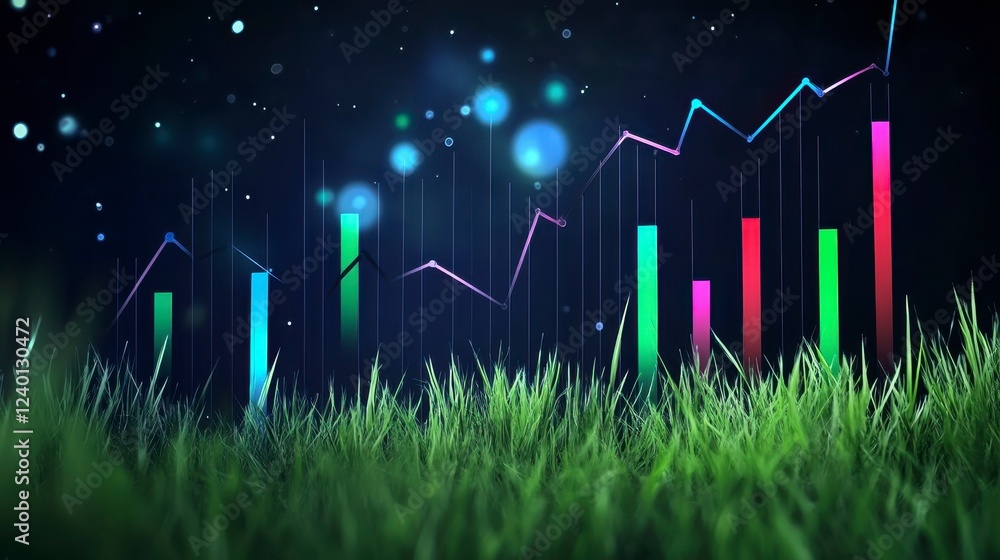 Poster a visually striking financial growth visualization with vibrant bar graphs and a dynamic line chart 