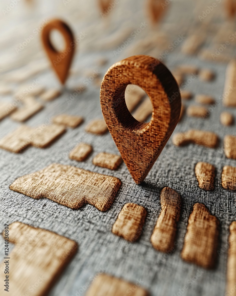 Poster wooden map pins on textured surface showing location and navigation concept with depth of field