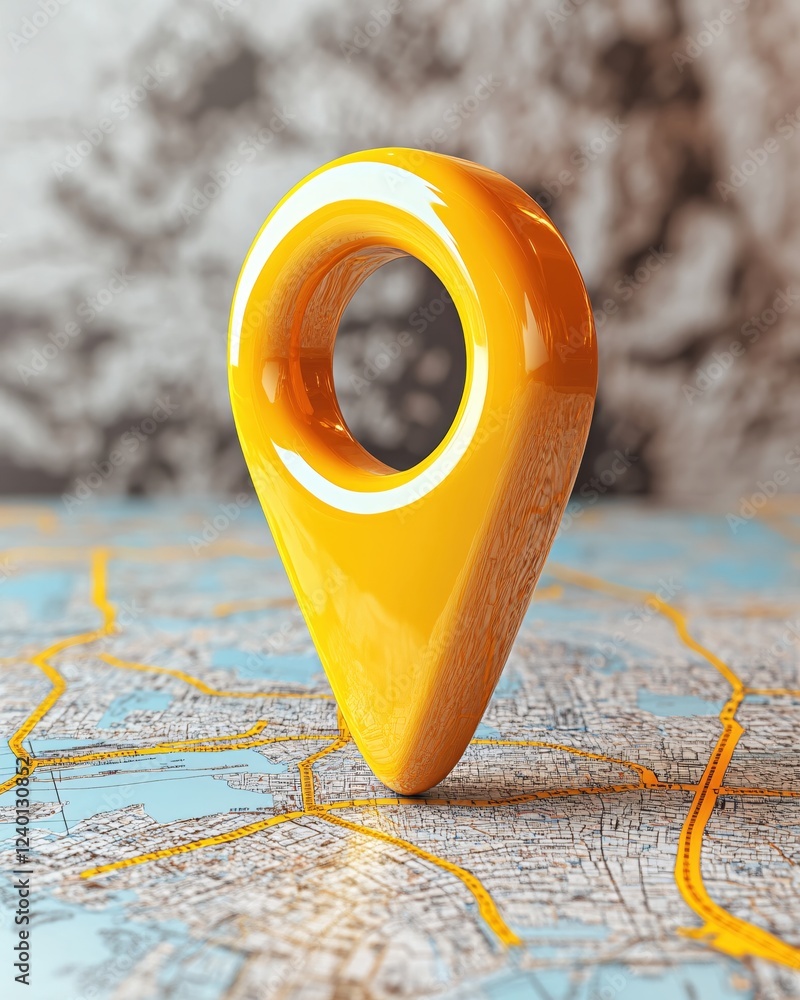 Poster glossy yellow location pin on detailed map with blurred background for navigation concept
