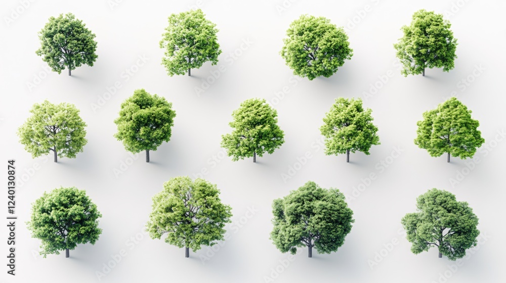 Poster twelve green trees on a white background creating a pattern of natural elements in a minimal style