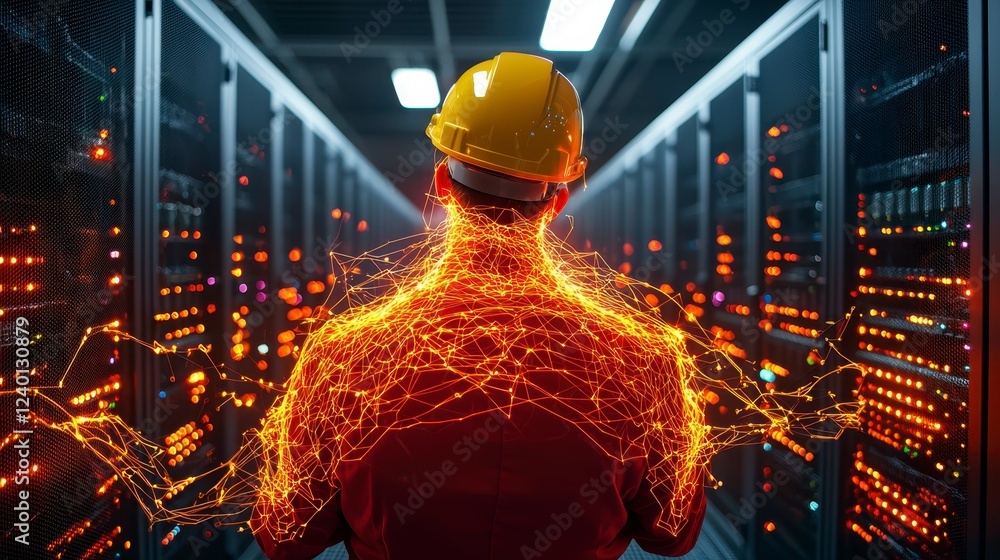Poster a technician in a data center with illuminated connections symbolizing innovation and technology imp