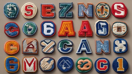 Colorful alphabet patches arranged on a neutral background.