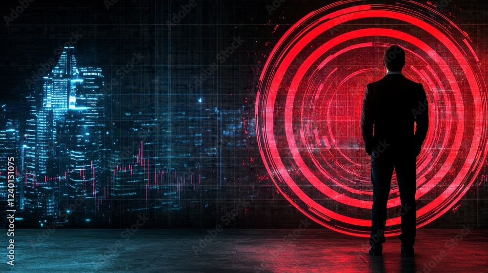 Aufkleber businessman standing in front of a futuristic cityscape with visual data representation and digital 
