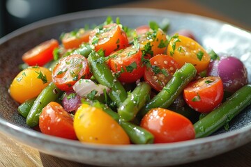 Green bean salad with tomatoes, onions and parsley in bowl
