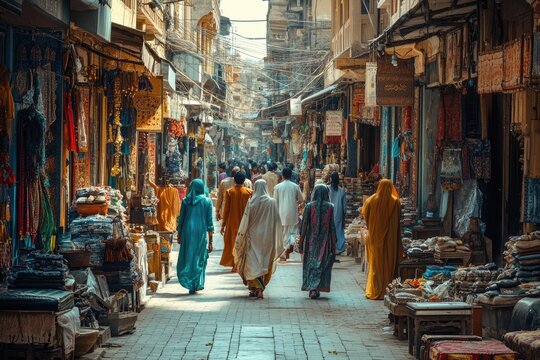 Women walking through busy market street in jodhpur, india