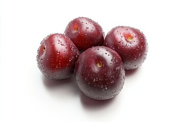 Fresh red plums, water droplets, white background, studio shot, food photography