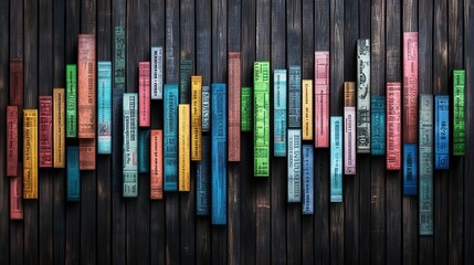 Obraz premium Vibrant collection of colorful vintage book spines stacked against a dark wooden background, evoking a sense of nostalgia and literary charm