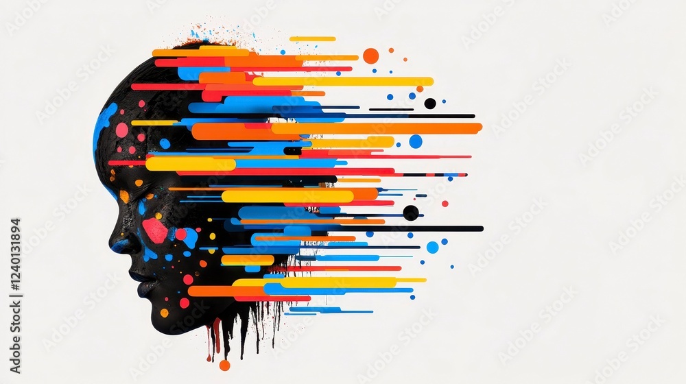 Poster a vibrant and abstract representation of a woman's profile with colorful splashes and dynamic lines 