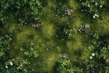 Patterns of green grass growing amidst patches of wildflowers