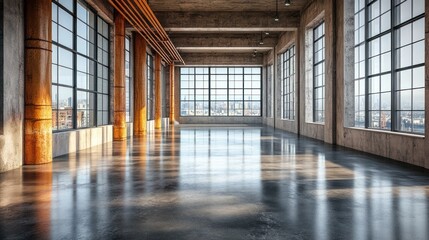 Sunlit spacious industrial loft interior with city view.