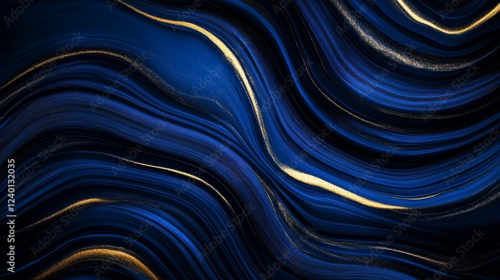 Poster elegant abstract waves in deep blue and gold with smooth flowing patterns evoking tranquility and so