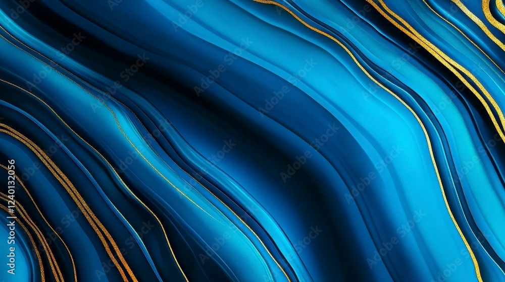 Poster abstract flowing waves of blue and gold creating a modern artistic texture suitable for various desi