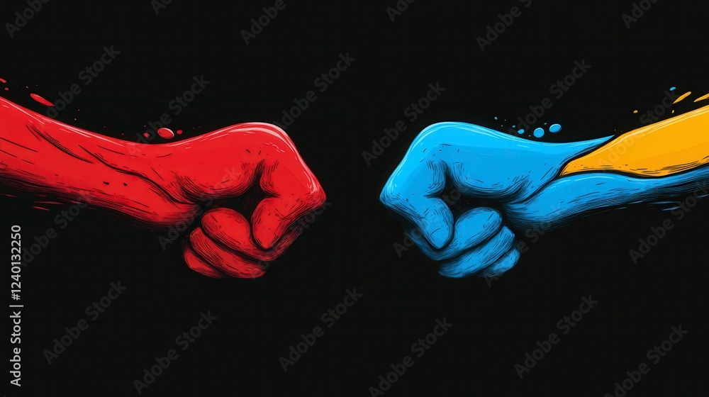 Poster Dynamic clash of colors represented by red and blue fists, emphasizing confrontation and competition in a striking visual