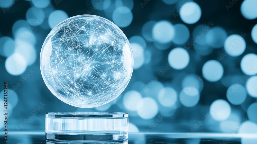 Poster abstract representation of a glowing globe with interconnected lines, set against a dreamy blue boke
