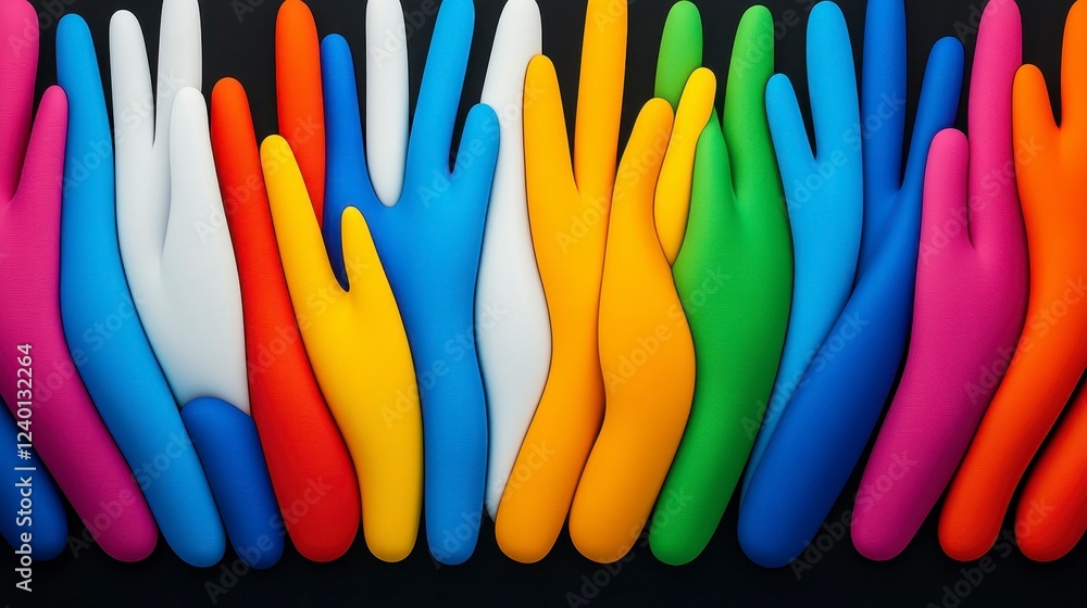 Poster a colorful array of sculpted hands positioned in diverse gestures against a dark background, showcas