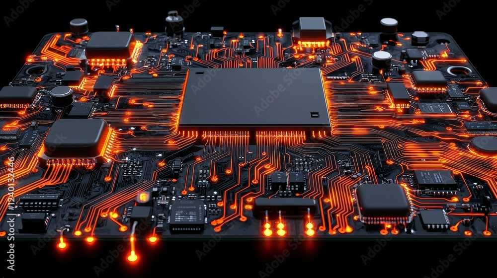 Poster a close-up view of a modern circuit board with glowing orange lights and intricate electronic compon