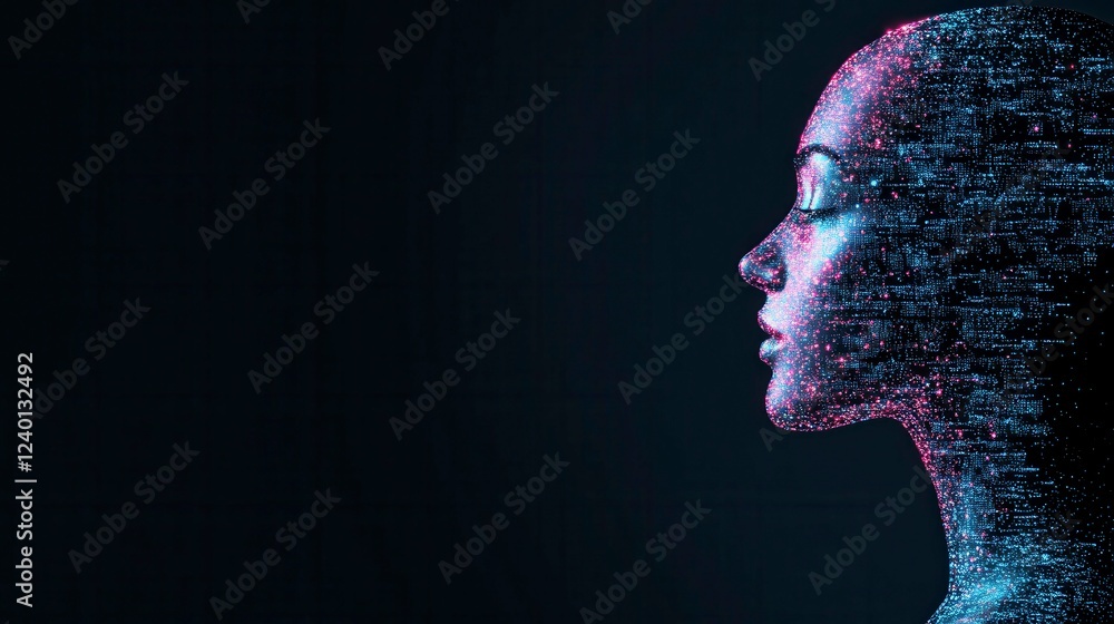 Poster human digital silhouette with glowing points representing data, symbolizing technology and artificia