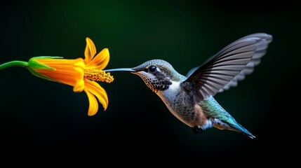 Fototapeta premium A vibrant hummingbird hovering near a bright yellow flower, capturing the delicate balance of nature and beauty