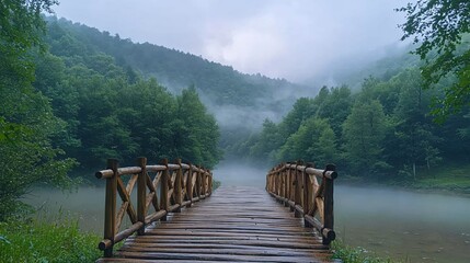 Wooden bridge over misty lake in forest with fog and trees on a cloudy day